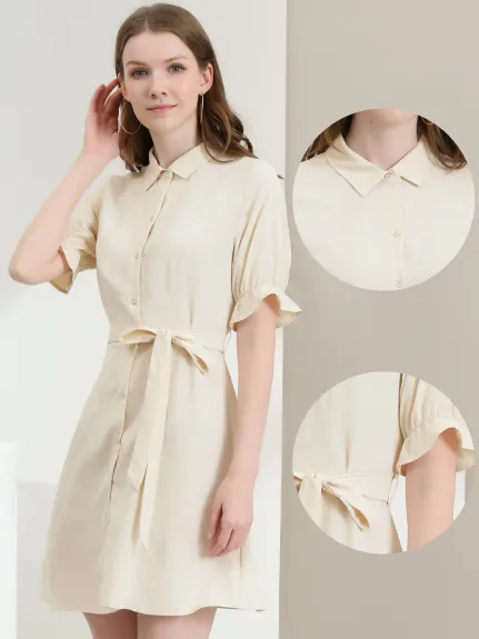 Allegra K- Ruffled Short Sleeve Belted Shirt Dress