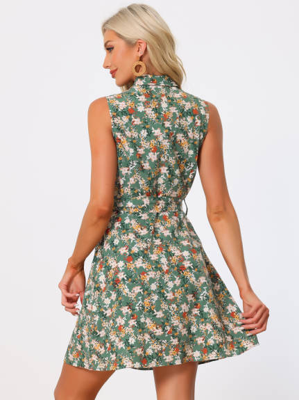 Allegra K - Sleeveless Turndown Collar Above Knee Button Down Floral Print Dress