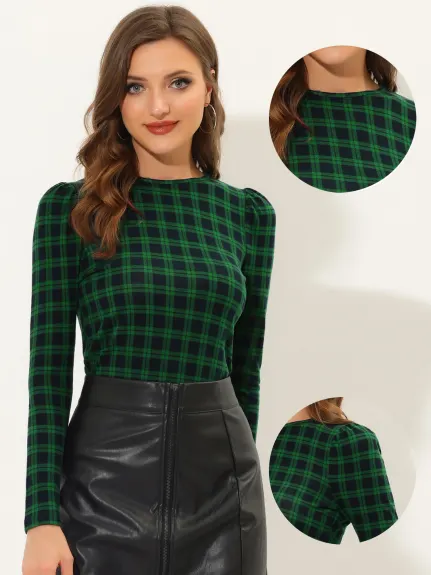 Allegra K- Puff Sleeve Knit Plaid Pullover Top
