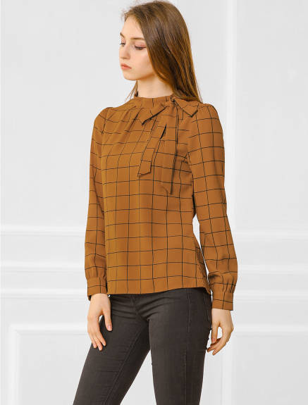 Allegra K- Bow-Tie Neck Blouse Checks Shirt