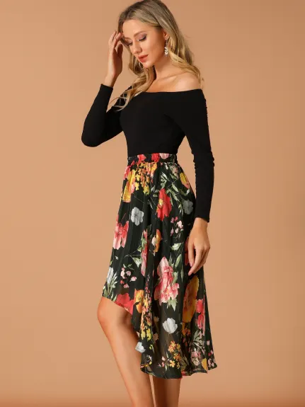 Allegra K- High Low Hem A-Line Midi Floral Skirt