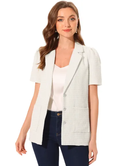 Allegra K - Work Short Sleeve Button Tweed Blazer