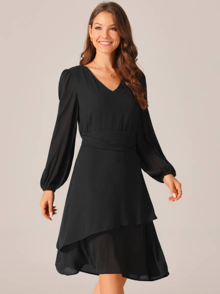 Allegra K - Long Sleeve Layered Swing Midi Dress