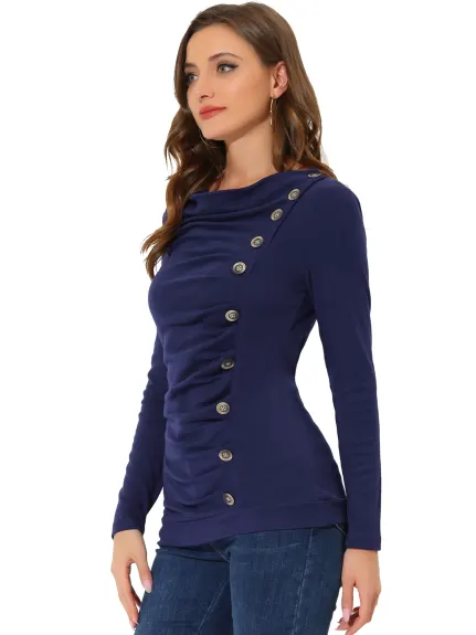 Allegra K- Cowl Neck Buttons Decor Ruched Blouse
