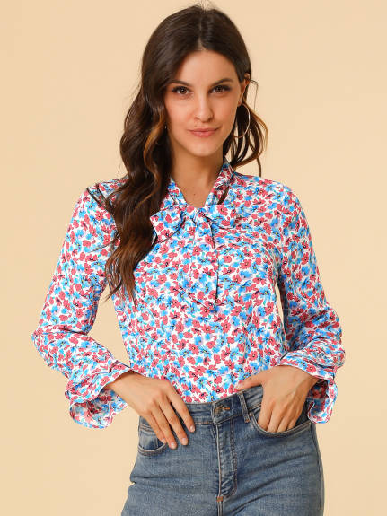 Allegra K- Floral Tie Neck Chiffon Ruffle Blouse