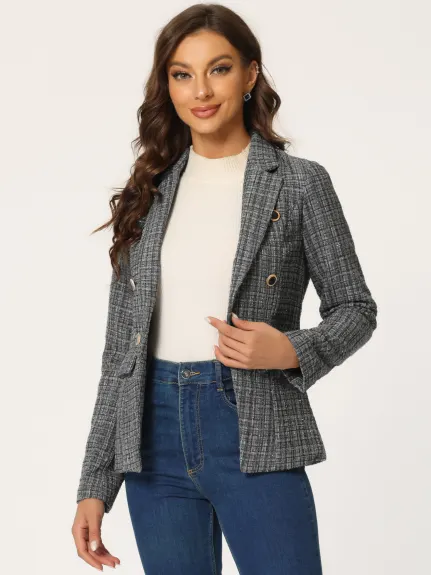 Allegra K- Notched Lapel Open Front Plaid Tweed Blazer