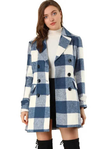 Allegra K- Notched Lapel Double Breasted Plaid Overcoat