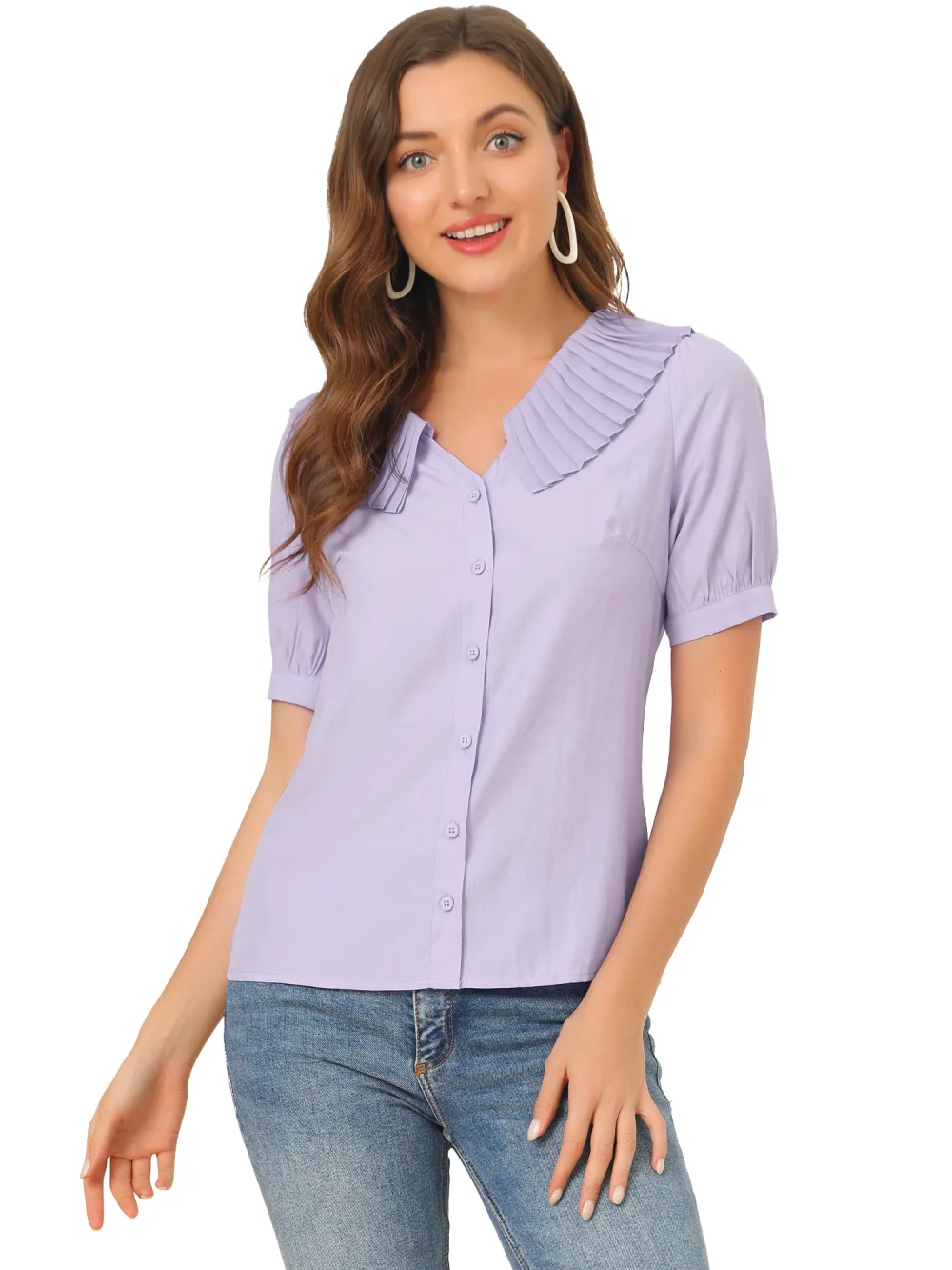 Allegra K - Casual Pleated Collar Button Front Shirt