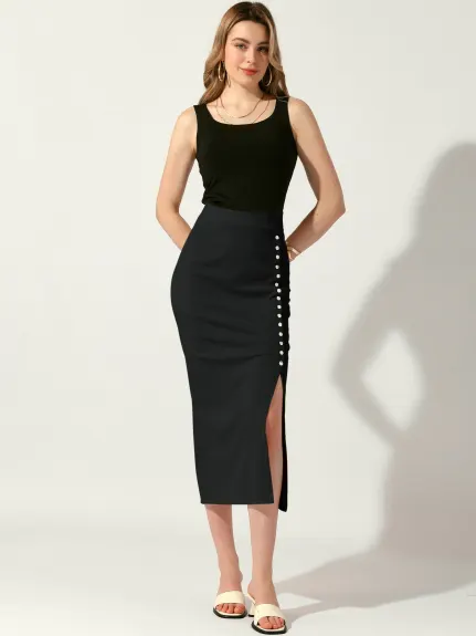 Allegra K - Side Split Ribbed Knit Pencil Skirt