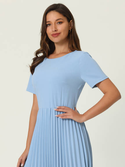 Hobemty- Short Sleeve Pleated Midi A-Line Dress