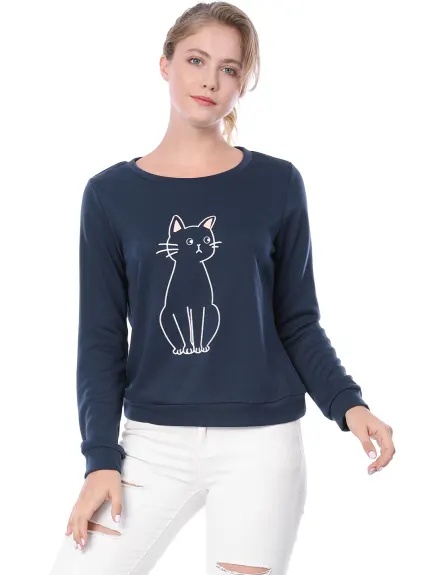 Allegra K - Cat Print Casual Sweatshirt