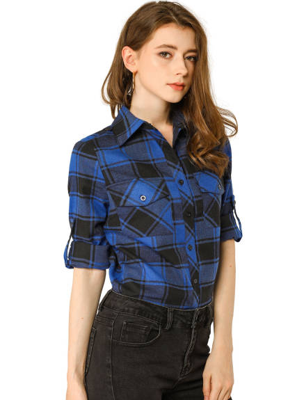 Allegra K- Roll Up Button Down Flannel Shirt