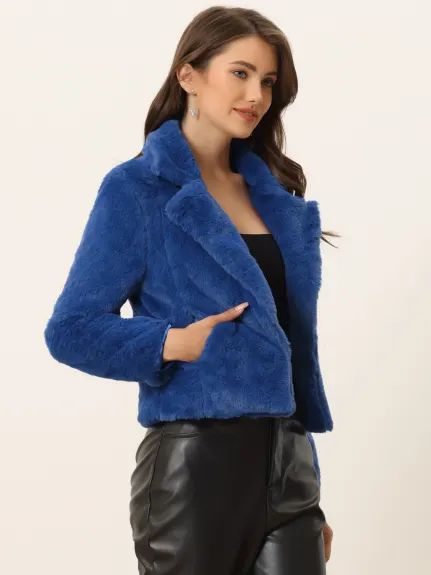 Allegra K - Manteau court moelleux en fausse fourrure à revers cranté