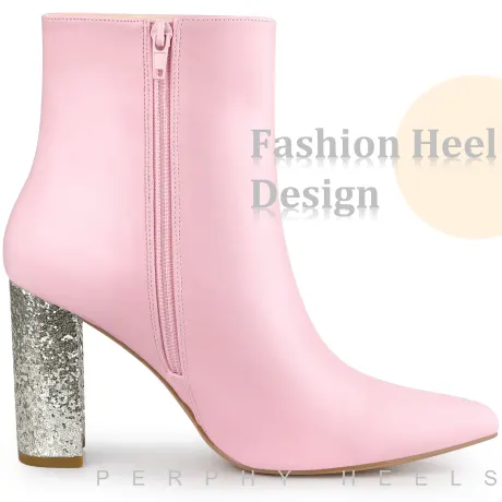 Allegra K - Glitter Block Heels Zipper Ankle Boots