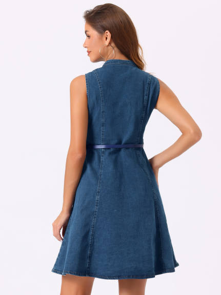 Allegra K- Denim Sleeveless Belted Flare Shirt Dress