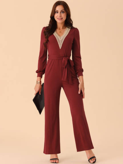 Allegra K - Long Sleeve V Neck Belted Jumpsuit