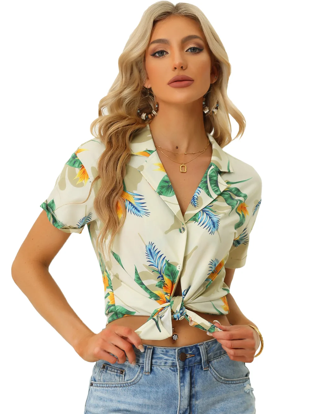 Allegra K - Chemise boutonnée à feuilles florales tropicales de plage