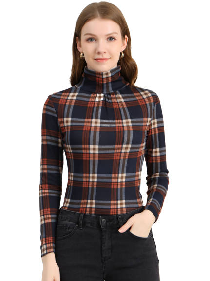 Allegra K- Turtleneck Long Sleeve Slim Plaid Shirt Blouse