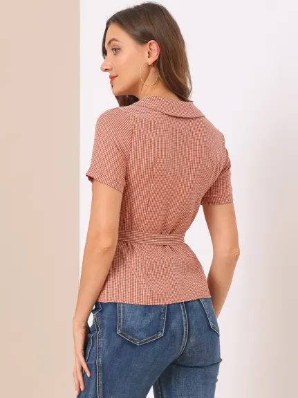 Allegra K- Chemise à manches courtes avec ceinture à carreaux vintage pour femme