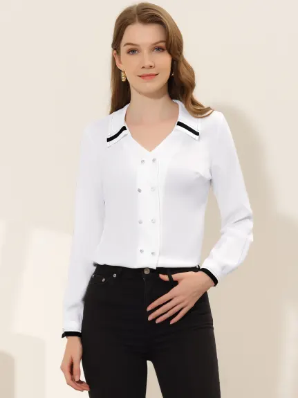 Allegra K- V Neck Chiffon Collared Shirt