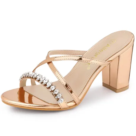 Allegra K - Cross Strap Rhinestone Block Heeled Slide Sandals