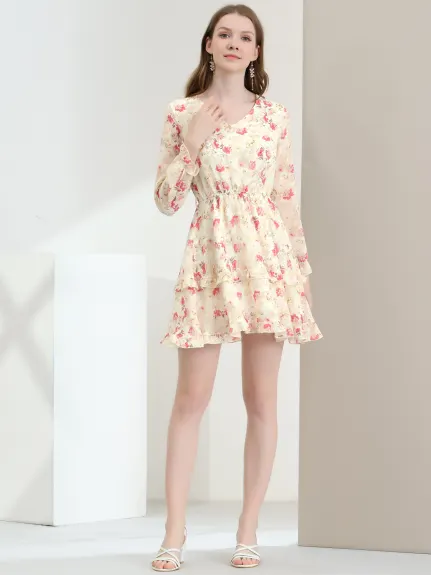 Allegra K- Long Sleeve Belted Ruffle Chiffon Floral Dress