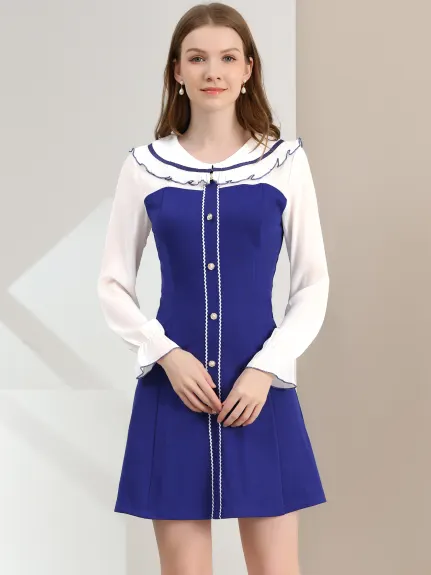 Allegra K- Doll Collar Color Block Long Sleeve Chiffon Dress