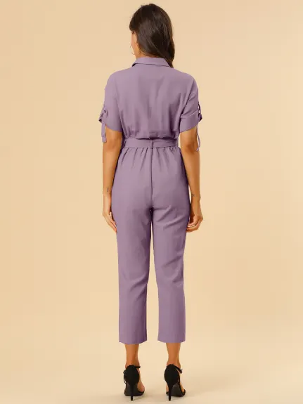 Allegra K- Turndown Collar Button up Tie Waist Cargo Jumpsuit