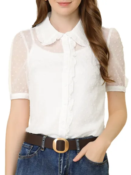 Allegra K - Collar Semi Sheer Swiss Dots Summer Shirt