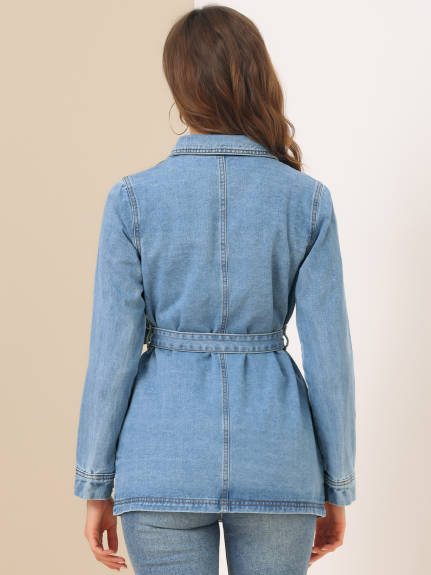 Allegra K- Raglan Sleeves Tie Belt Waist Denim Jacket