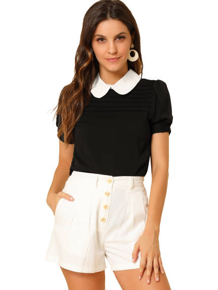 Allegra K- Pan Collar Puff Short Sleeve Pleated Blosue