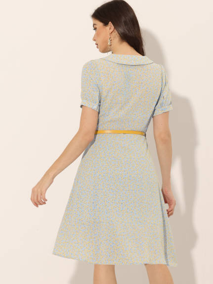 Allegra K- Peter Pan Collar Tie Neck Belted Floral Dress