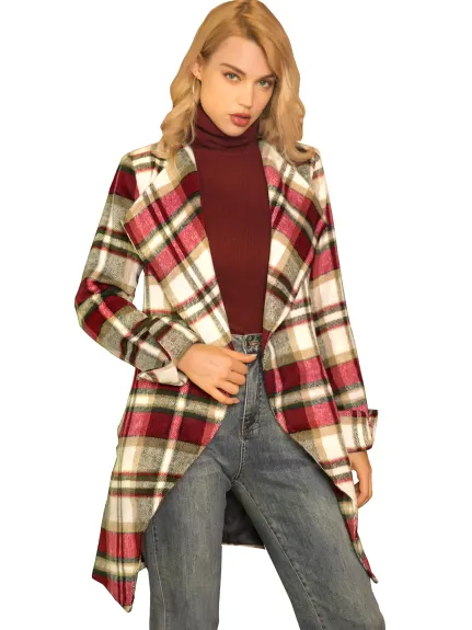 Allegra K- Shawl Collar Belted Asymmetrical Hem Plaid Coat