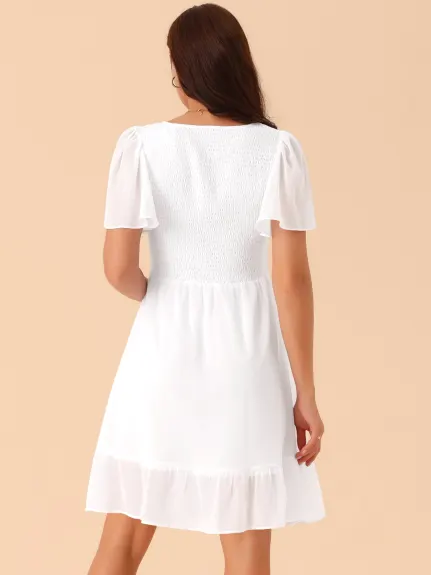 Allegra K - Summer Solid Smocked Chiffon Dress