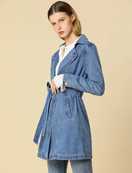 Allegra K - Veste longue en jean avec ceinture et bouton à revers cranté