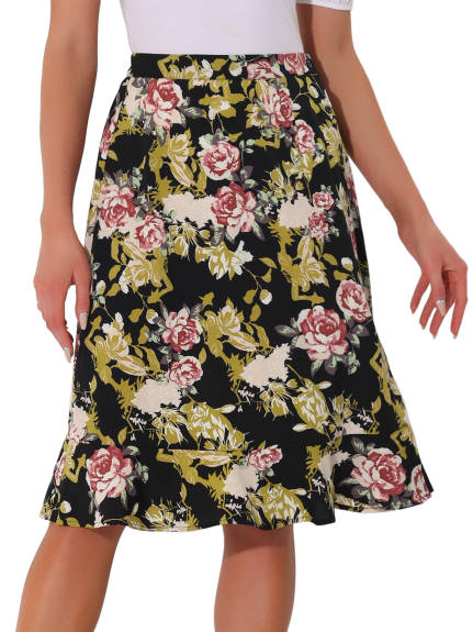 Allegra K- Floral Ruffle A-Line Split Midi Skirt