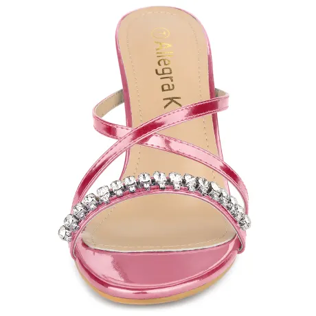 Allegra K - Cross Strap Rhinestone Block Heeled Slide Sandals