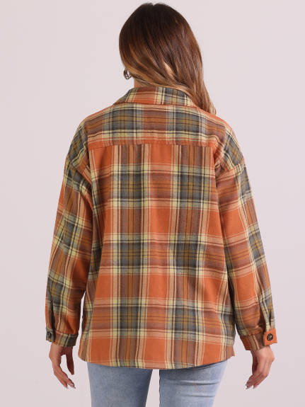 Allegra K - Casual Drop Shoulder Loose Plaid Shirt