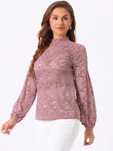 Allegra K- Blouse transparente en dentelle florale à col montant et volants