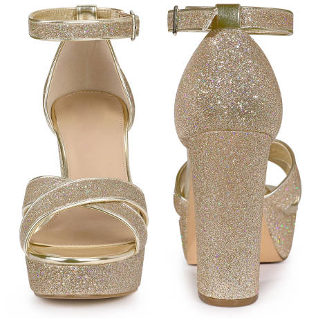 Allegra K- Glitter Platform Heel Crisscross Strap Sandals