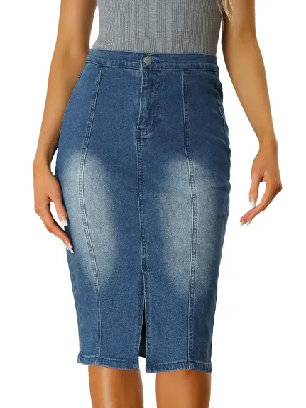 Allegra K- Jupe crayon en denim fendue à taille élastique