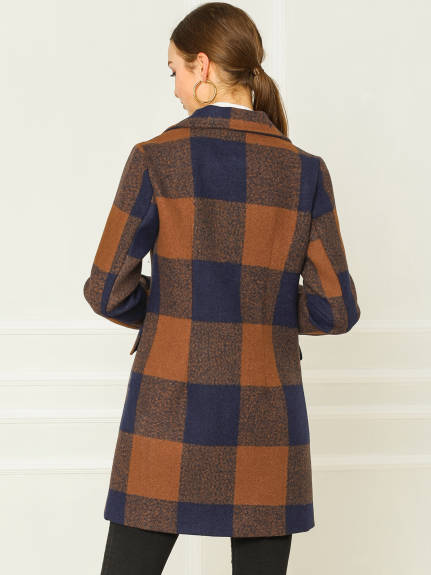 Allegra K- Notched Lapel Double Breasted Plaid Overcoat