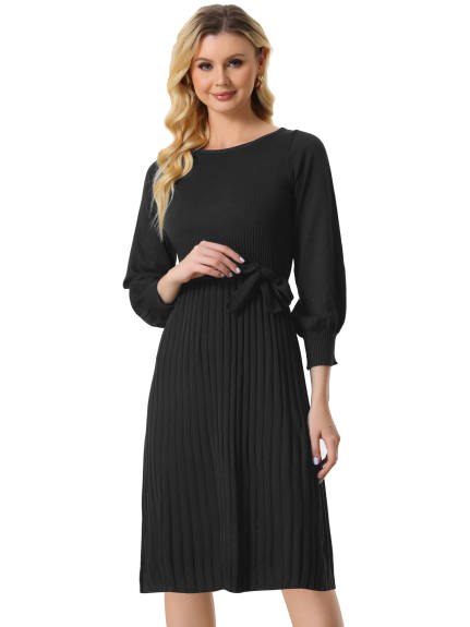 Allegra K- Knit Belted Crew Neck Lantern Sleeves Sweater Dress