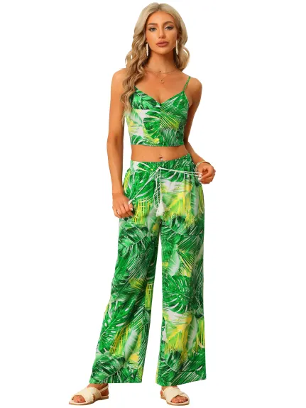 Allegra K- Two Piece Tropical Print Cami Crop Top Elastic Waist Wide Leg Pants Set