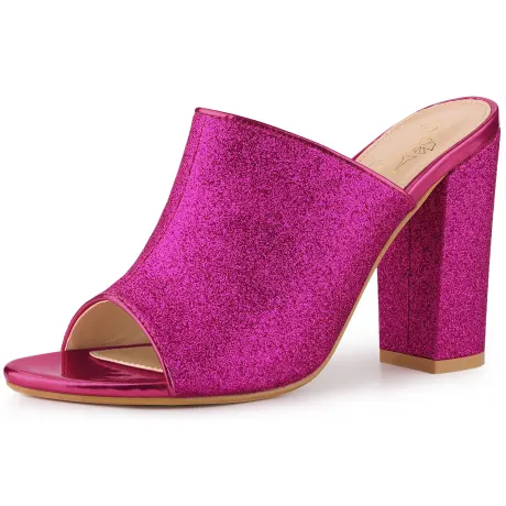 Allegra K- Glitter Slip on Chunky Heel Mule Sandals