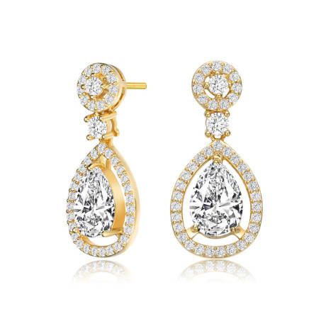 Genevive Sterling Silver with 14K Gold Plated Clear Cubic Zirconia Pear Drop Earrings