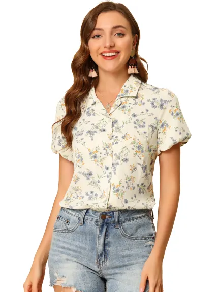Allegra K- Notched Lapel Collared Short Sleeve Floral Shirt