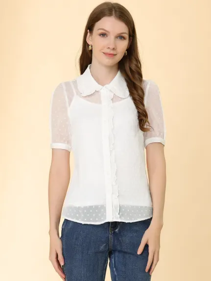 Allegra K - Collar Semi Sheer Swiss Dots Summer Shirt