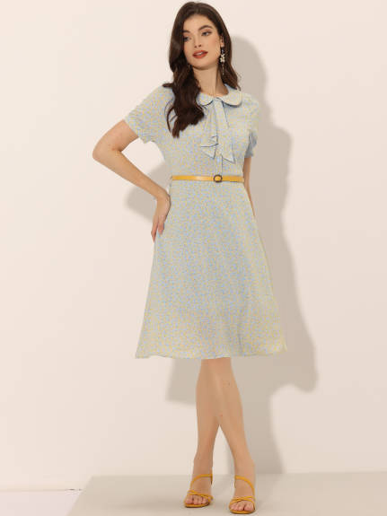 Allegra K- Peter Pan Collar Tie Neck Belted Floral Dress