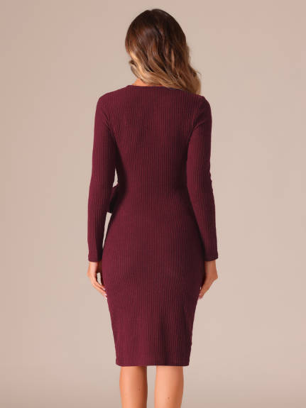 Allegra K - V-Neck Tie Waist Bodycon Sweater Dress